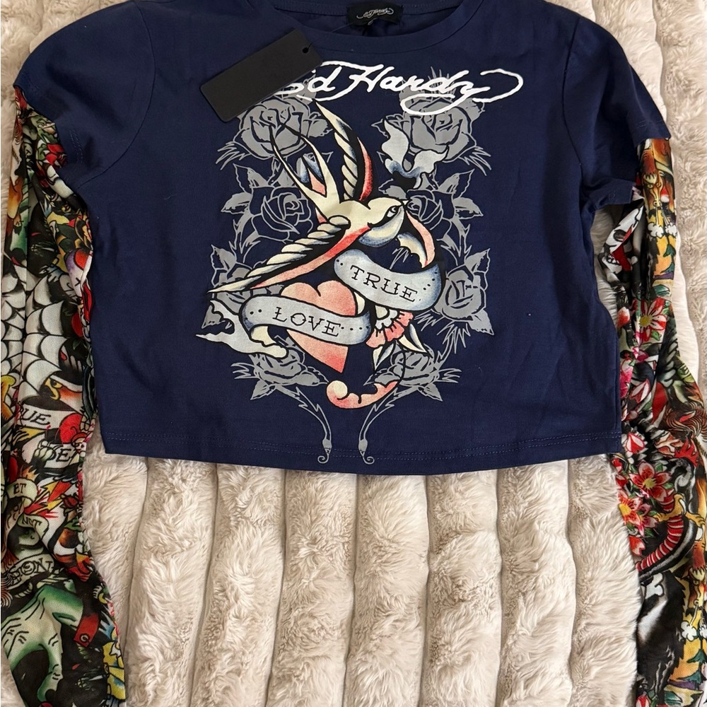 Ed Hardy Navy Long Sleeve Graphic Top